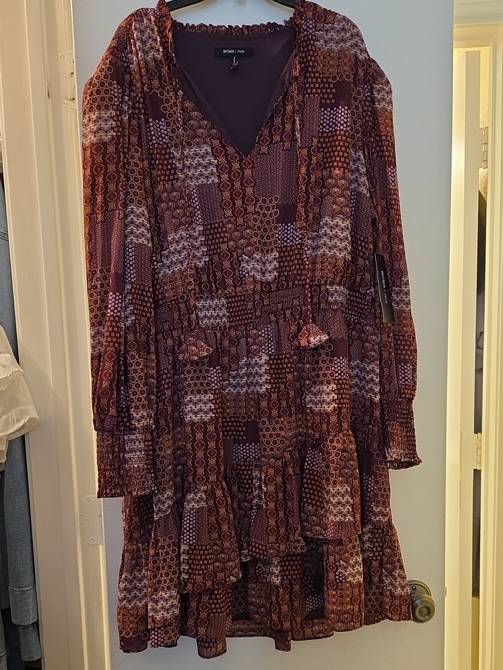 BCBG Burgundy Patchwork-Print Long Sleeve Tiered Dress